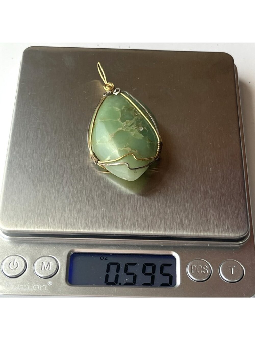 Large Green Stone Gold Tone Wire Wrapped Pendant Artisan Statement Bohemian 2.5" - Picture 5 of 10